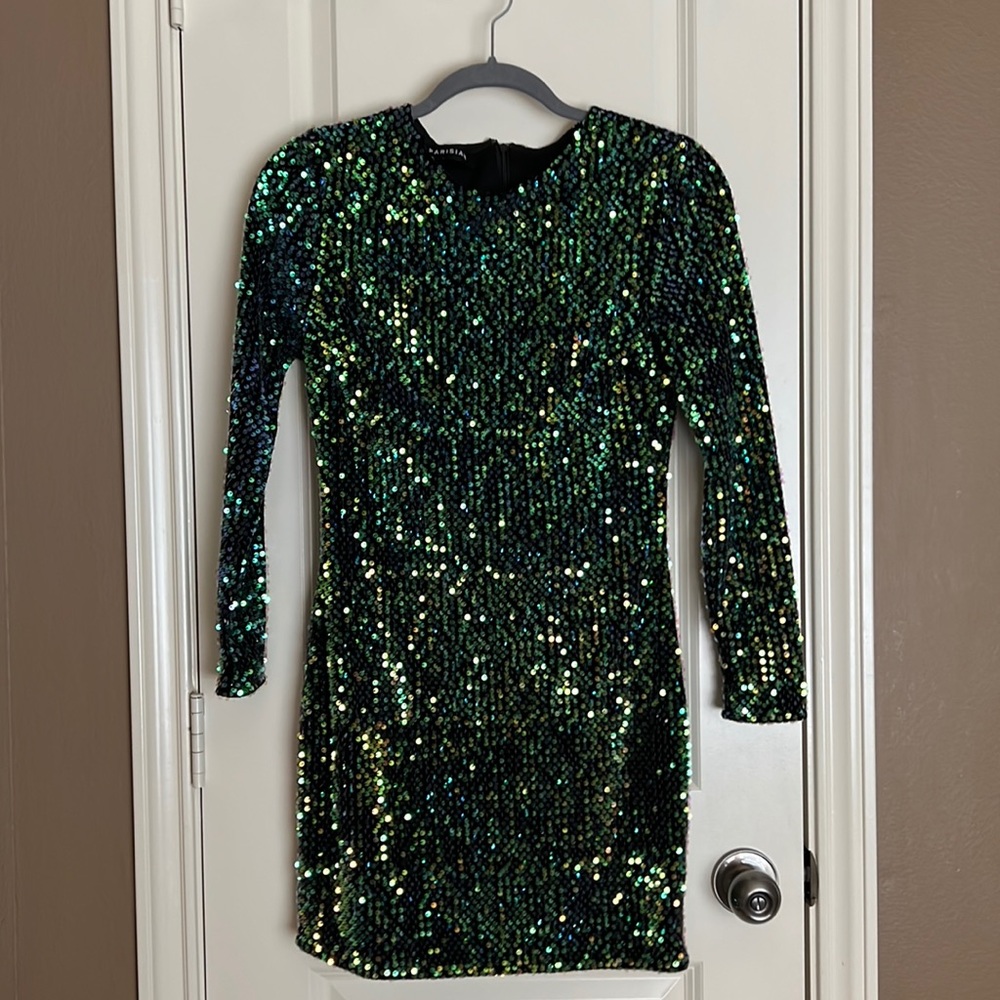Green sequin shift party dress